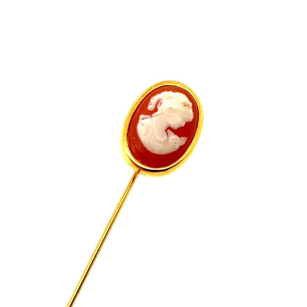 Vintage Trifari Red Cameo Stick‎ Pin Gold Tone Crown Mark Victorian Style Lapel